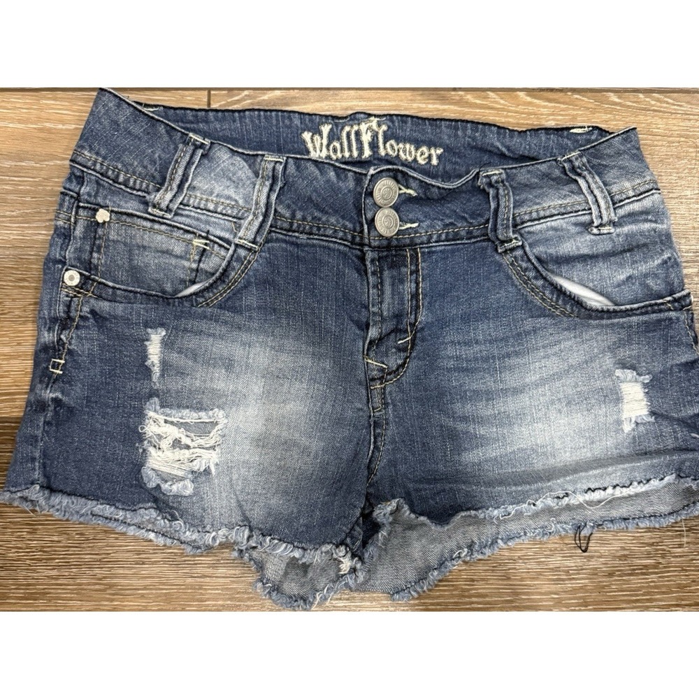 WallFlower Women's Blue Distressed Denim Cut Off Shorts Medium Wash Stretch 9
